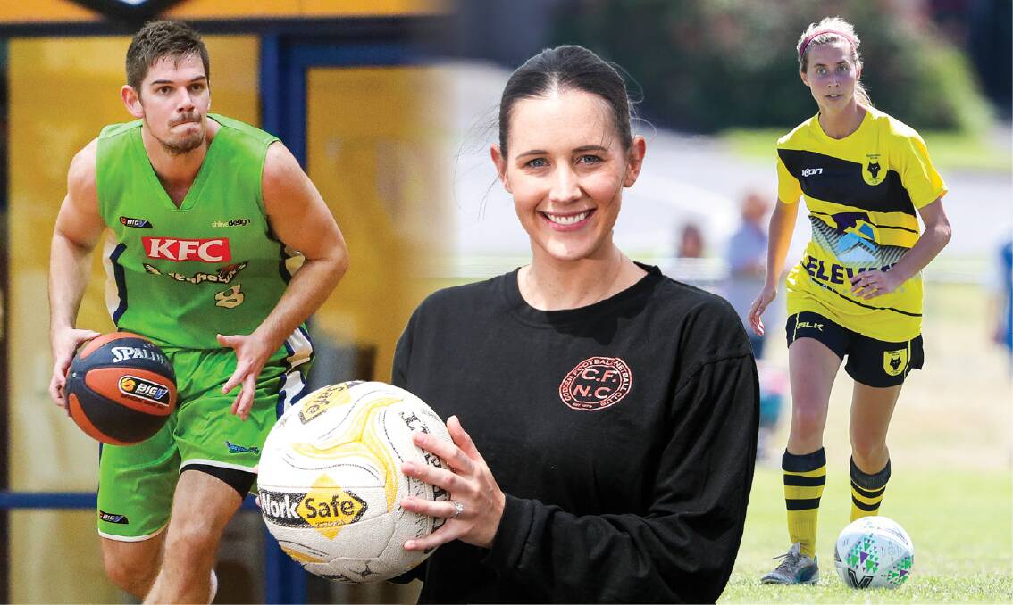 KEEP ACTIVE: Warrnambool basketballer James Mitchell, Cobden netball coach Sophie Hinkley and Warrnambool soccer player Amanda Gaffey are being creative. Pictures: Morgan Hancock, Anthony Brady 