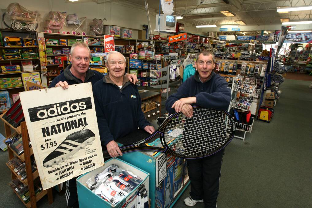2011: Warrnambool's De Grandis Sports store closed down after 114 years operating along Timor Street. Michael De Grandi (left) with his father Cyril and brother John. 
