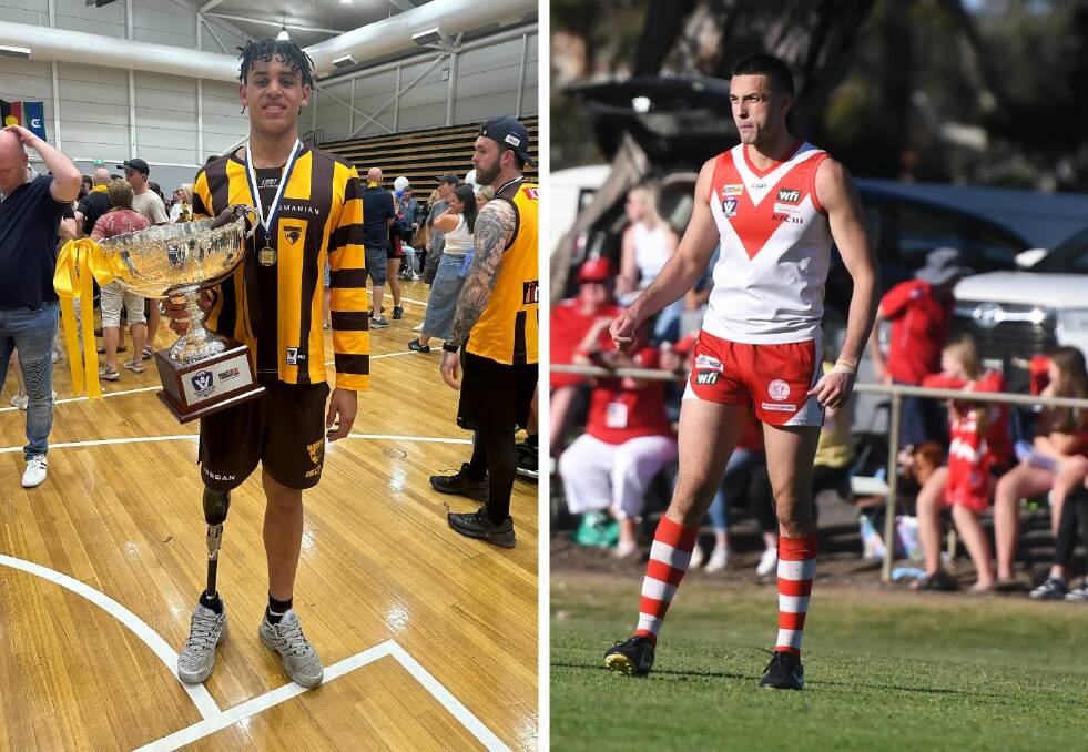 Hampden exports Jaylen Brown (left) and Jarrod Korewha won football premierships with Hawthorn and Ararat respectively. Pictures supplied 
