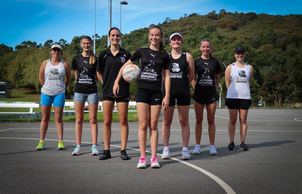 Coach Emily Stephens, 40, Isobel Sinnott, 15, Rosie Pickles, 19, Piper Stephens, 13, Sophie Conheady, 16, Elsie Sinnott, 14, and Grace Lucas, 25, form Camperdown's 2023 open netball team. Picture by Justine McCullagh-Beasy 