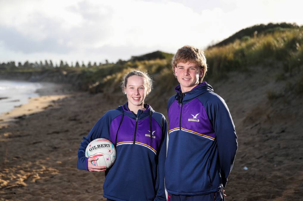 NEXT GEN: Poppy Myers, 13, and Oliver Myers, 15, are playing seniors at Port Fairy in netball and footy respectively. Picture: Morgan Hancock 