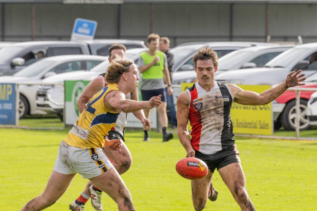 Experienced Koroit footballer James Gow gets a kick away. Picture by Anthony Brady 