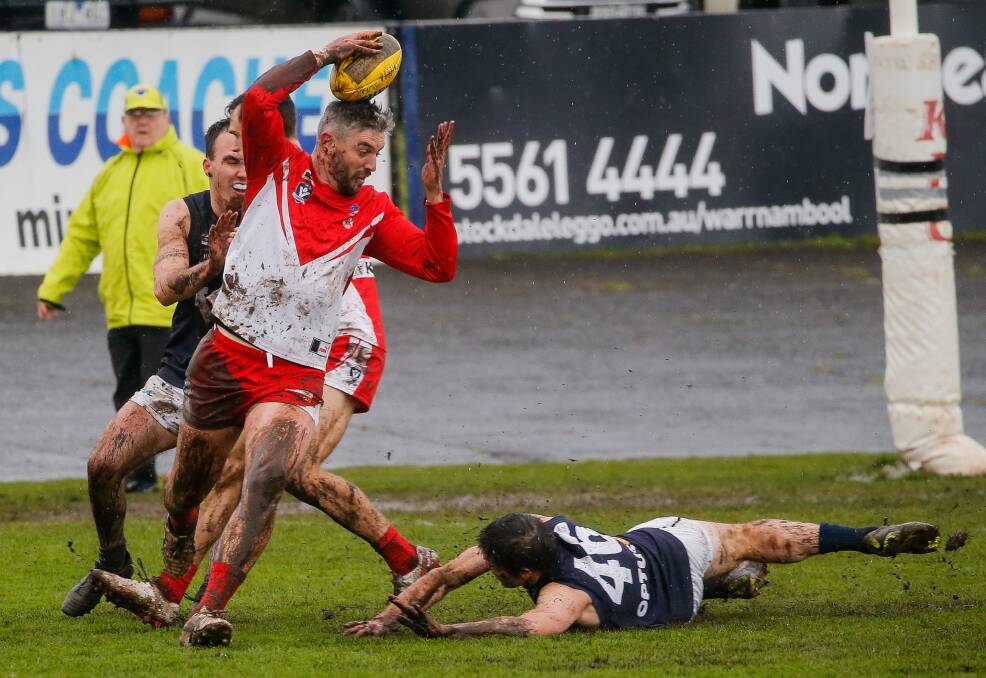 GAME-CHANGER: Ricky Henderson kicked four of South Warrnambool's eight goals in tricky weather conditions on Saturday. Picture: Anthony Brady 