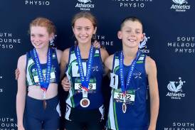 Warrnambool's Charlotte Staaks, Hamilton's Yolanda O'Sullivan and Hamilton's Manaia Bremner medalled at the Athletics Victoria track and field championships. Picture supplied 