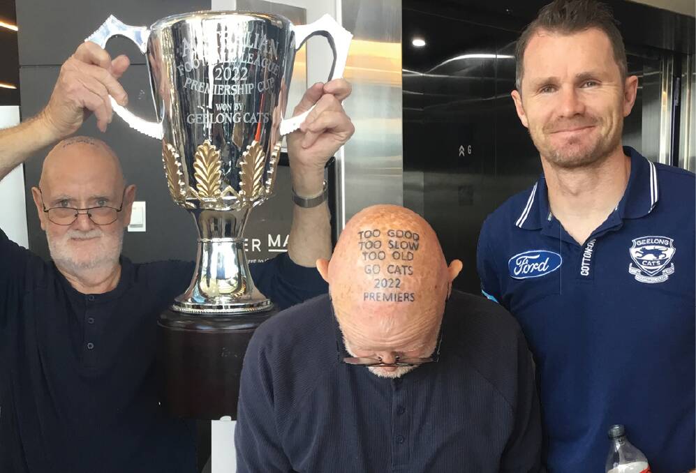 Warrnambool's Lochie Keats has a tribute to Geelong's 2022 flag on his head. He has shown players, including Patrick Dangerfield, the tattoo. Pictures supplied 