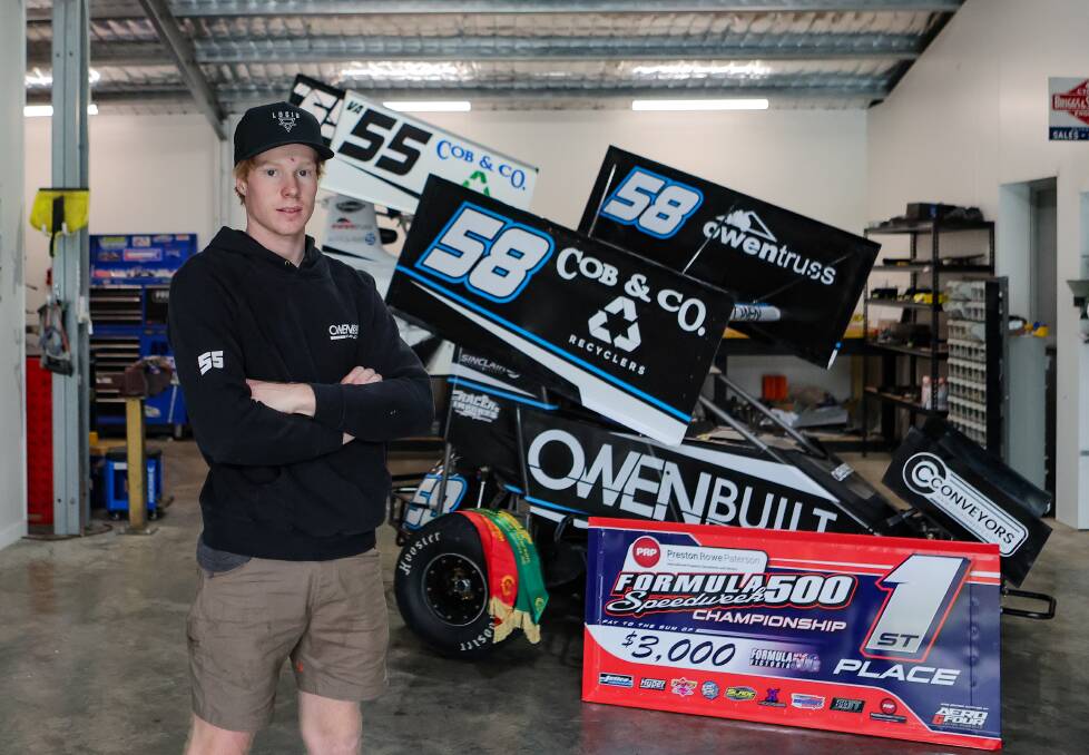Warrnambool's Max Owen with his formula 500 speedweek prize cheque. Picture by Anthony Brady 