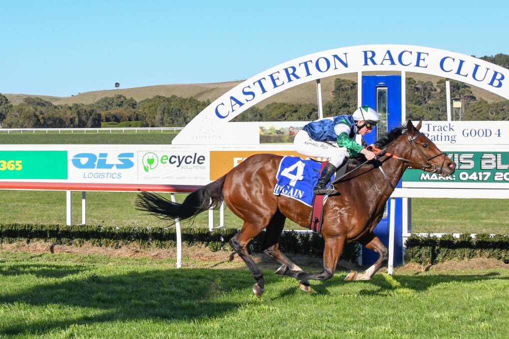 WINNING POST: Michael Poy rides Under Oath to the Casterton Cup on Sunday. Picture: Alice Laidlaw/Racing Photos 