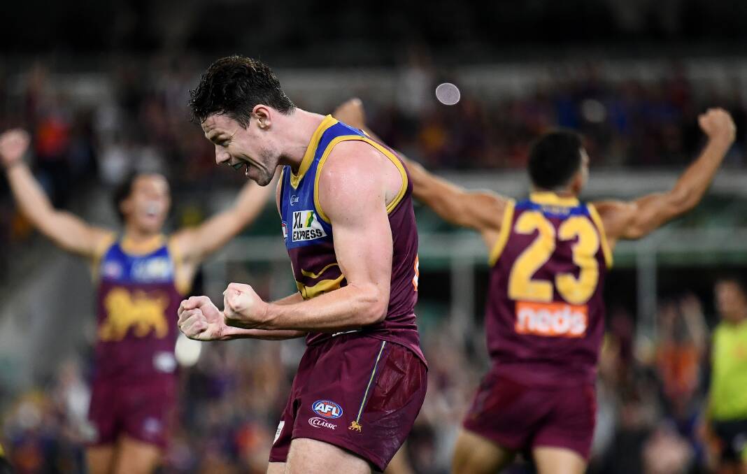 C'MON: Lachie Neale celebrates Brisbane advancing to the 2020 preliminary final. The Lions play Geelong on Saturday night. On Sunday, he might become a Brownlow Medallist. Picture: Getty Images 