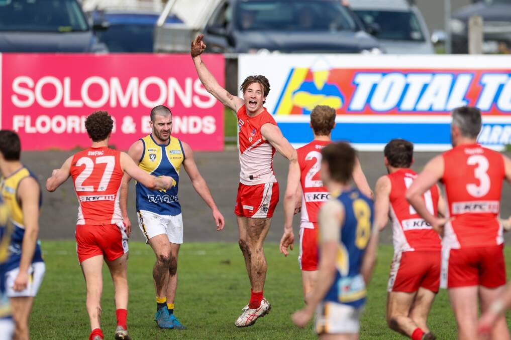 South Warrnambool ruckman Ollie Bridgewater celebrates a goal early against North Warrnambool Eagles. Picture by Eddie Guerrero 