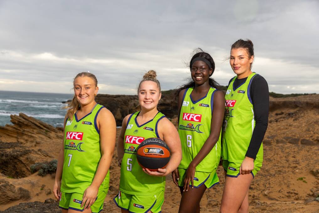 Friends and teammates Molly McLaren, Mia Mills, Cigi Lual and Dakota Crichton want to deliver a Big V basketball championship to the Warrnambool Mermaids' fans. Picture by Eddie Guerrero 