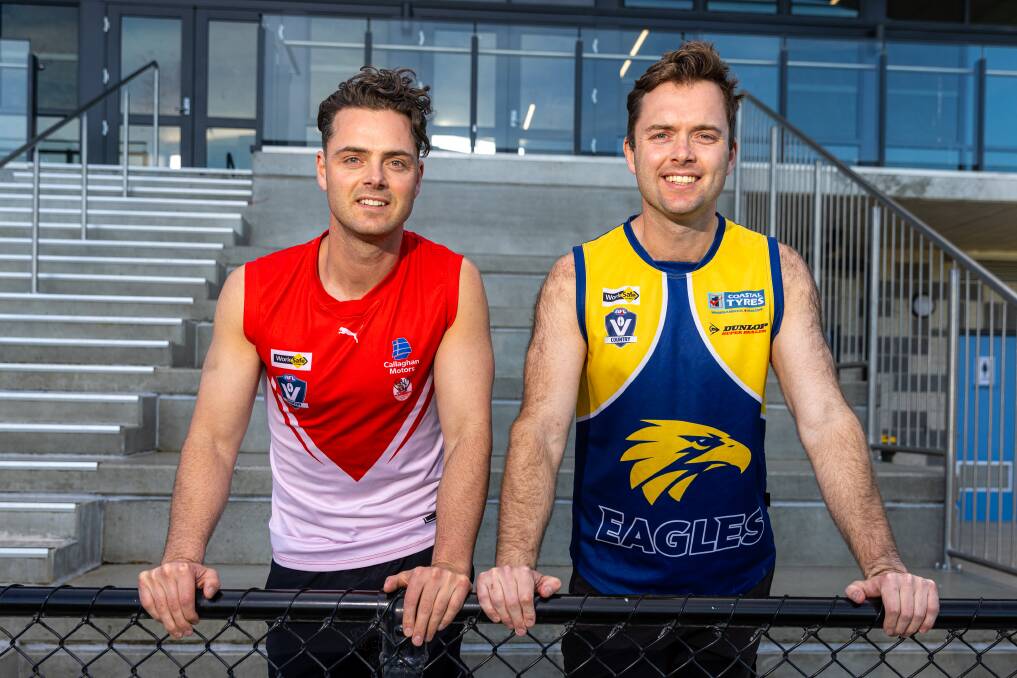 The stage is set for South Warrnambool's Jeremy Mugavin and North Warrnambool Eagles' Benjamin Mugavin. The brothers will play in the 2023 Hampden league senior grand final. Picture by Eddie Guerrero 