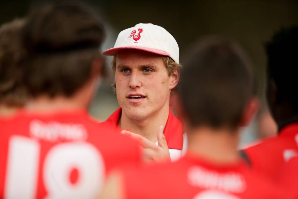 COACHING CHANCE: 2023 AFL draft contender George Stevens, 17, is helping South Warrnambool on the sidelines as he recovers from a serious knee injury. Picture: Chris Doheny 