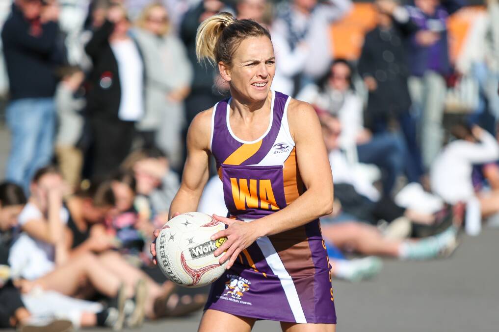 FAMILIAR SIGHT: Nicole Dwyer was a regular in Port Fairy's top-grade netball side for two decades. Picture: Morgan Hancock 