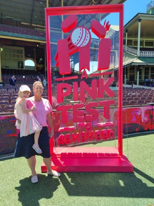 Katie Monigatti with daughter Adeline at the Glenn McGrath Pink Test at the SCG in Sydney last week. Picture supplied 