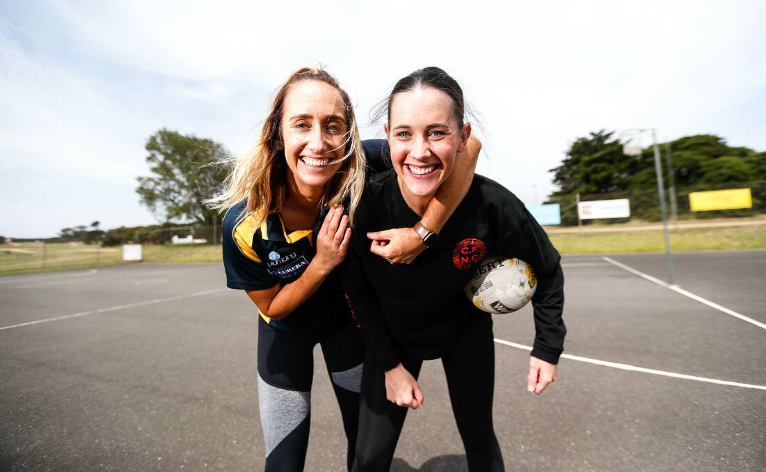 SISTER ACT: Siblings Jaime Barr (North Warrnambool Eagles) and Sophie Hinkley (Cobden) were to coach against each other in round one on April 4 before the Hampden league netball season was postponed. Picture: Anthony Brady 