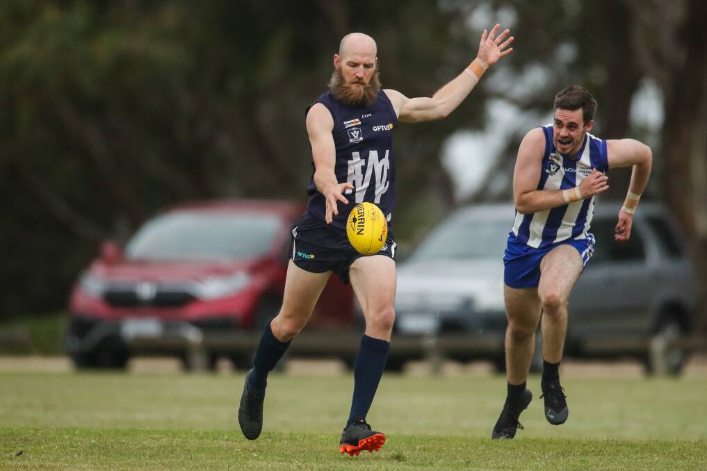 TRUE BLUE: Dan Weymouth in action for Warrnambool during a pre-season hit-out against Russells Creek. Picture: Morgan Hancock 