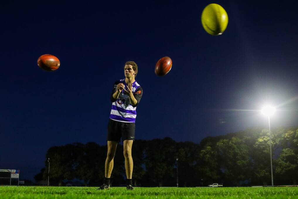 JUGGLING ACT: Darcy Hobbs, pictured at Terang Mortlake training on Tuesday night, is back in the Bloods' side after missing round two. Picture: Morgan Hancock 