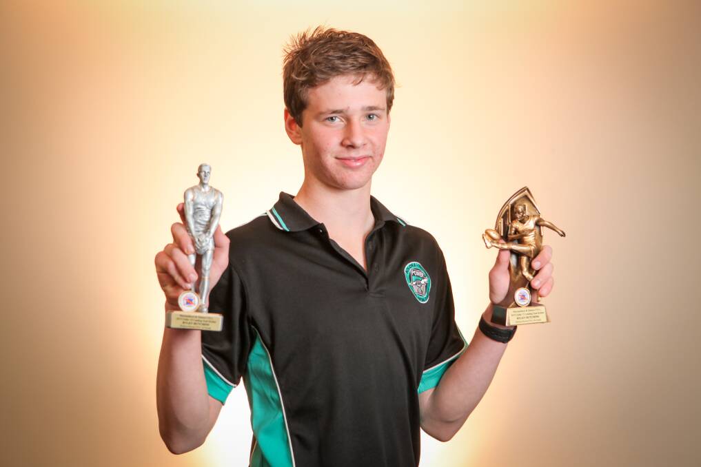 DOUBLE THE FUN: Kolora-Noorat's Ryley Hutchins won the Warrnambool and District league under 18 and under 15 goal-kicking awards in 2019. Picture: Rob Gunstone 