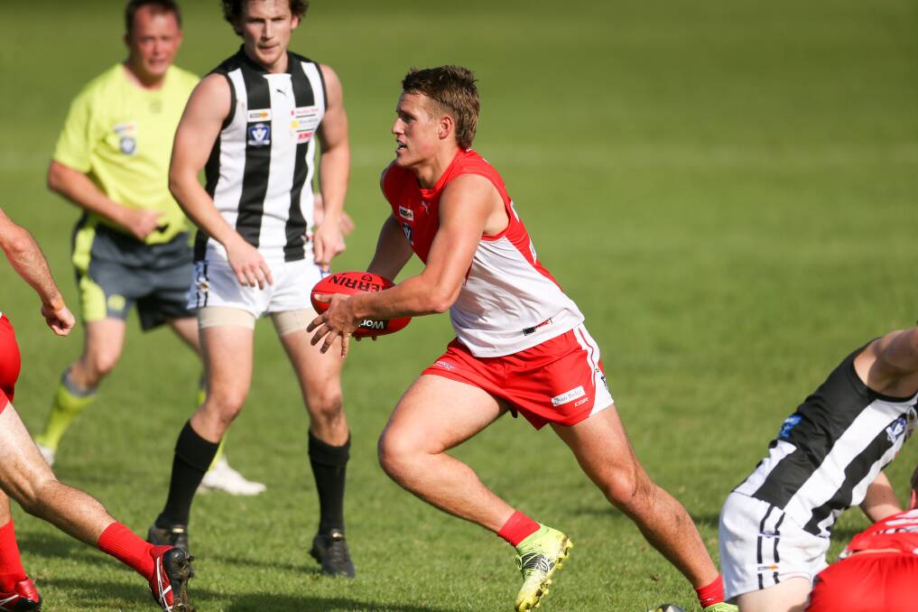 INJURY CLOUD: George Stevens, in just his second senior game for South Warrnambool, hurt his shoulder. The teenager copped a stinger. Picture: Chris Doheny