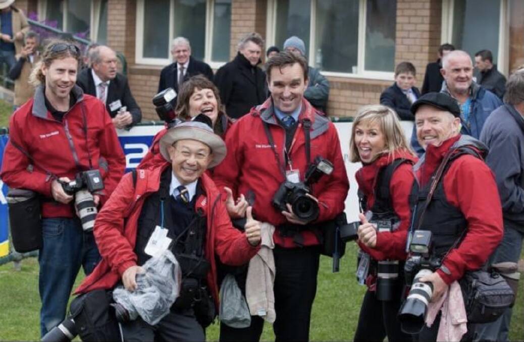 RACING DAYS: Damian White (fourth from left) with fellow photographers Aaron Sawall, Perry Cho, Leanne Pickett, Vicky Hughson and Rob Gunstone at the Warrnambool May Racing Carnival. 