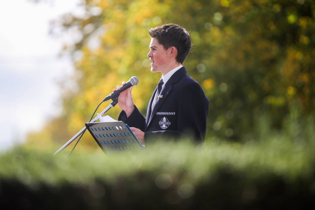 LEST WE FORGET: Bailey McDonald speaks during an Anzac Day service in Camperdown in 2021. Picture: Morgan Hancock 