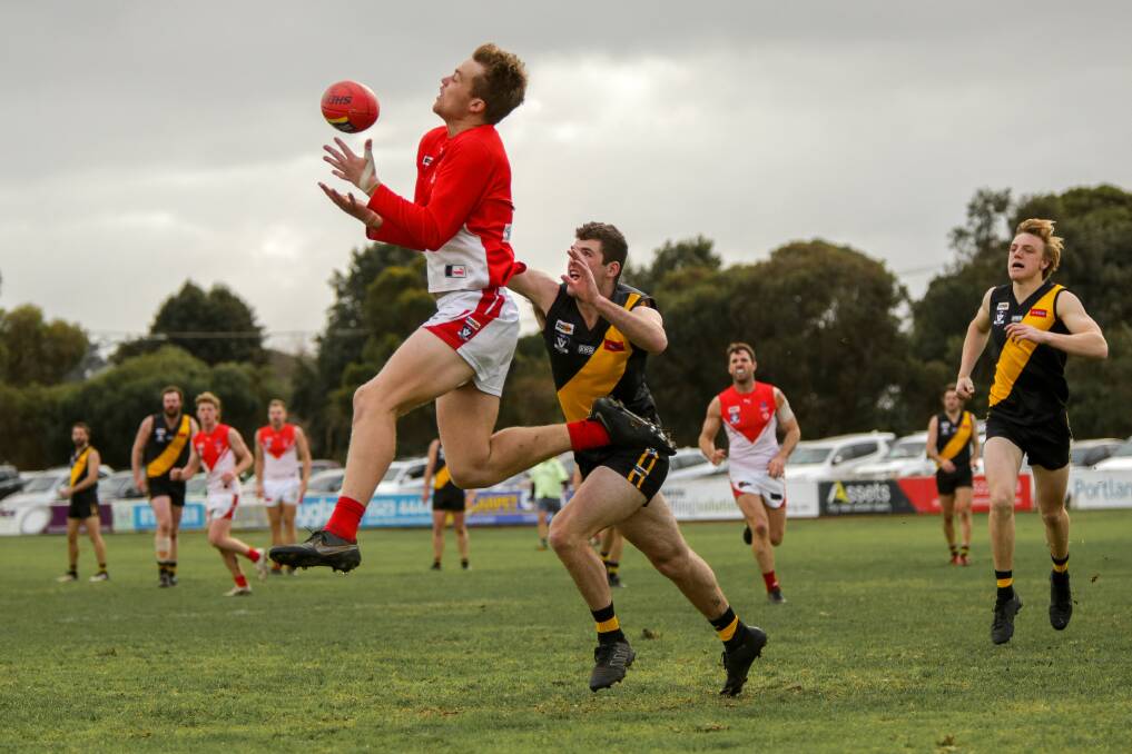 AIRTIME: Shannon Beks kicked three goals for South Warrnambool against Portland. Picture: Chris Doheny 