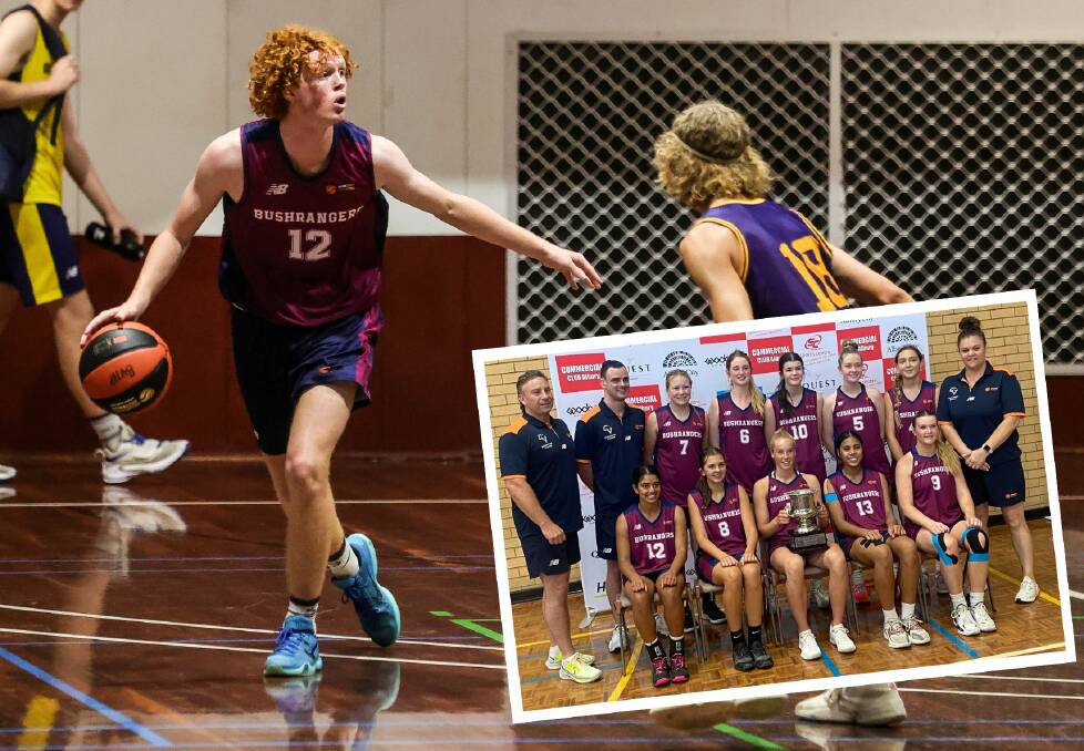 Warrnambool's Wil Rantall and Poppy Myers (inset front with trophy) won gold medals at the Australian Country Junior Basketball Cup in Albury. Picture by James Wiltshire 