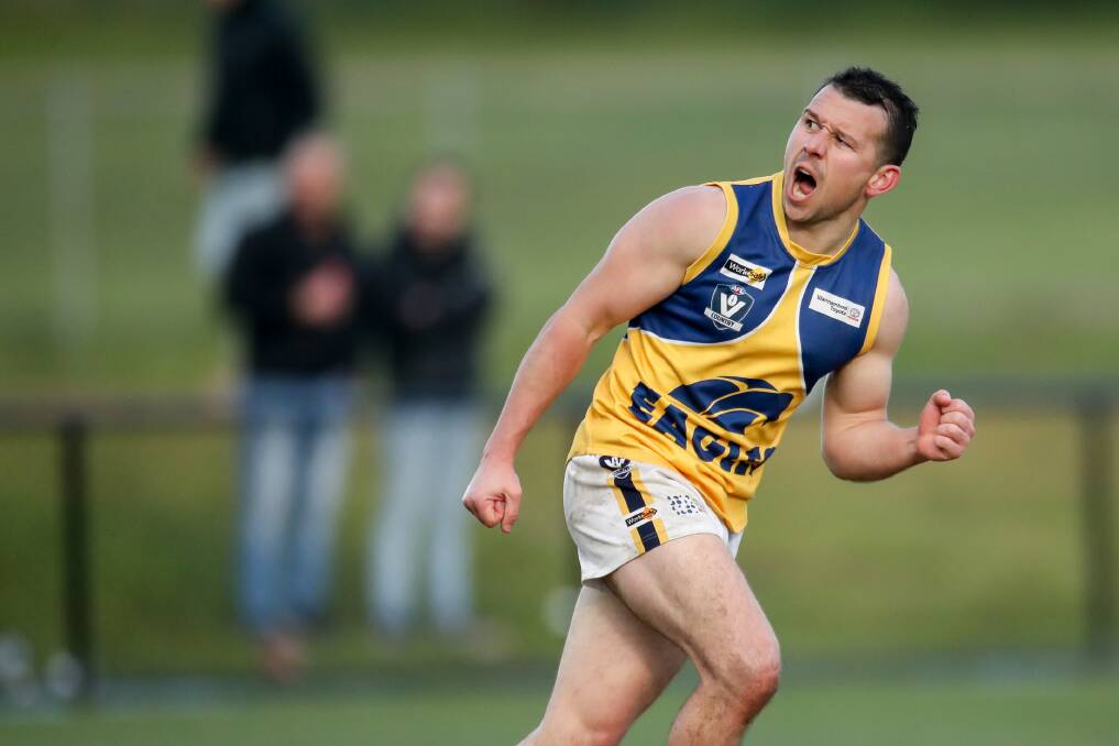 Jarryd Lewis celebrates a last-quarter goal for North Warrnambool Eagles. Picture by Chris Doheny 