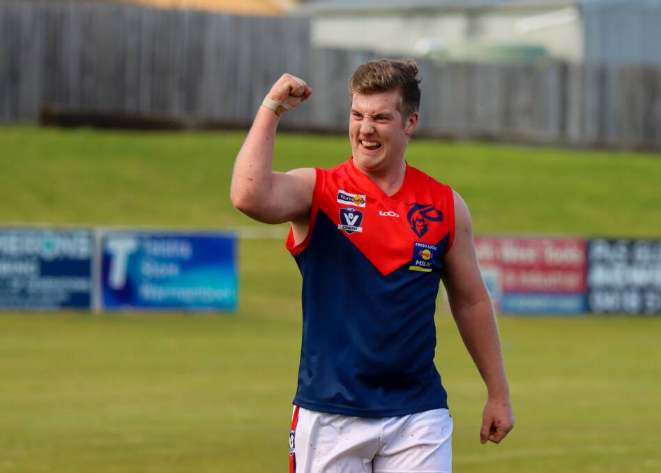 Timboon Demons' Eben White celebrates a goal in the WDFNL under 18 competition on Saturday. Picture by Justine McCullagh-Beasy 