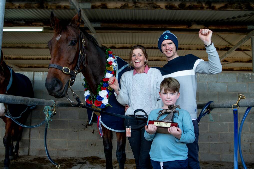 FAMILY MOMENT: Brierly Steeplechase winner Flying Agent with trainer Amy McDonald, her husband Lee Horner and their son Joe, who celebrated his seventh birthday at the track, on Tuesday. Picture: Chris Doheny 