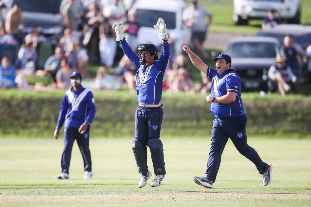 C'MON: Cam Williams (middle) celebrates an wicket appeal in the WDCA grand final in March. Picture: Morgan Hancock 