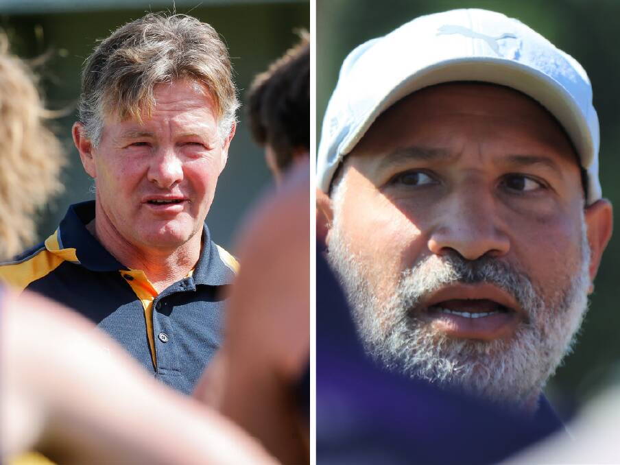 A TALE OF TWO COACHES: Adam Dowie celebrated North Warrnambool Eagles' 202-point win while Port Fairy's Winis Imbi was forced back to the drawing board. Pictures: Anthony Brady, Justine McCullagh-Beasy