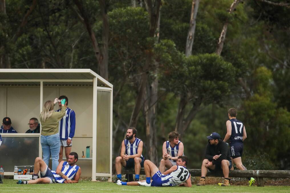 COUNTRY FOOTY: Russells Creek players on the bench during its scratch match against Warrnambool. Picture: Morgan Hancock 