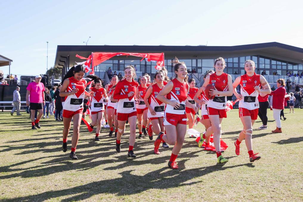 South Warrnambool players take to the field for the Western Victoria Female Football League under 18 grand final at Reid Oval. Picture by Morgan Hancock 