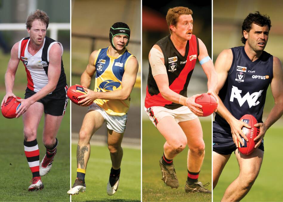 IN THE HUNT: Koroit's Dallas Mooney, North Warrnambool Eagles' Dion Johnstone, Cobden's Grady Rooke and Warrnambool's Otto Opperman in action for their respective sides. Picture: Morgan Hancock, Chris Doheny 