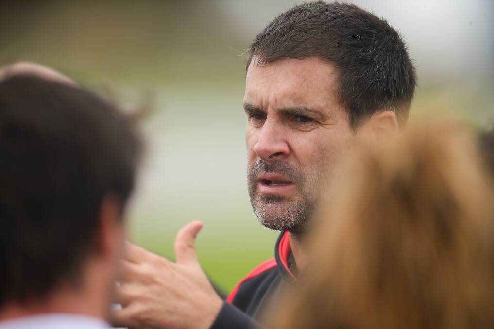 WISE WORDS: Koroit coach Chris McLaren gives out directions on Saturday. Picture: Morgan Hancock