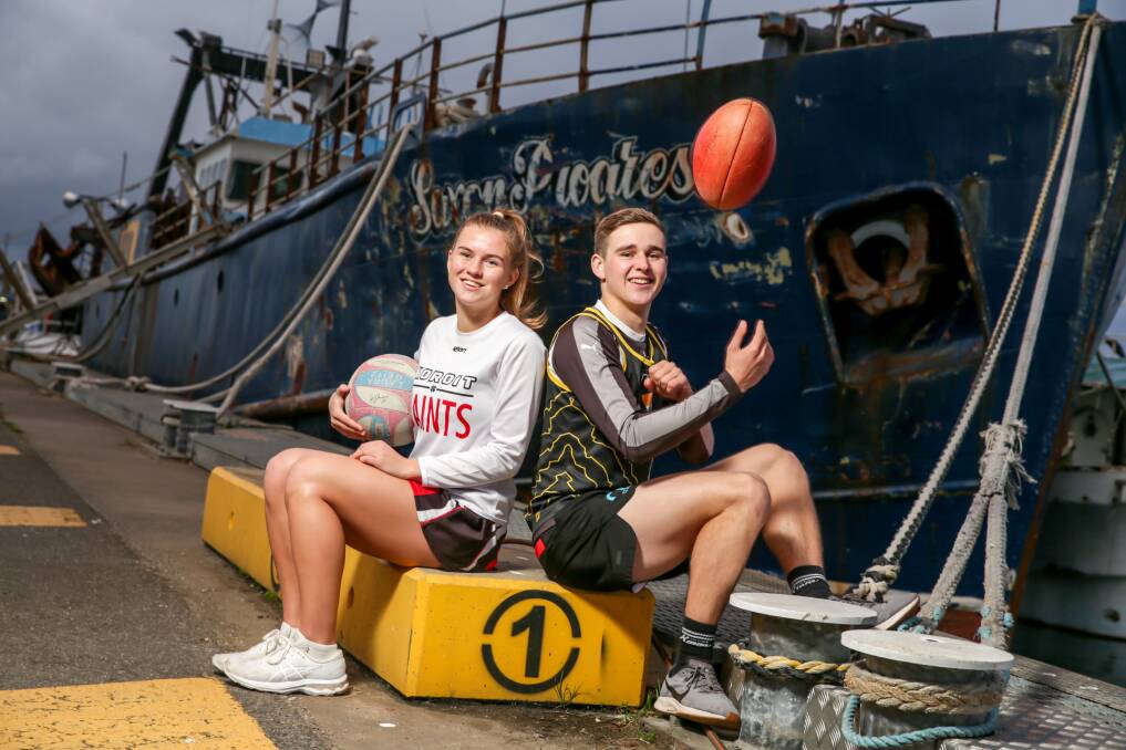 TALENTED DUO: The Jennings siblings - Koroit netballer Millie and Portland footballer Toby - at the Port of Portland. They are starring for their respective Hampden league clubs. Picture: Chris Doheny 