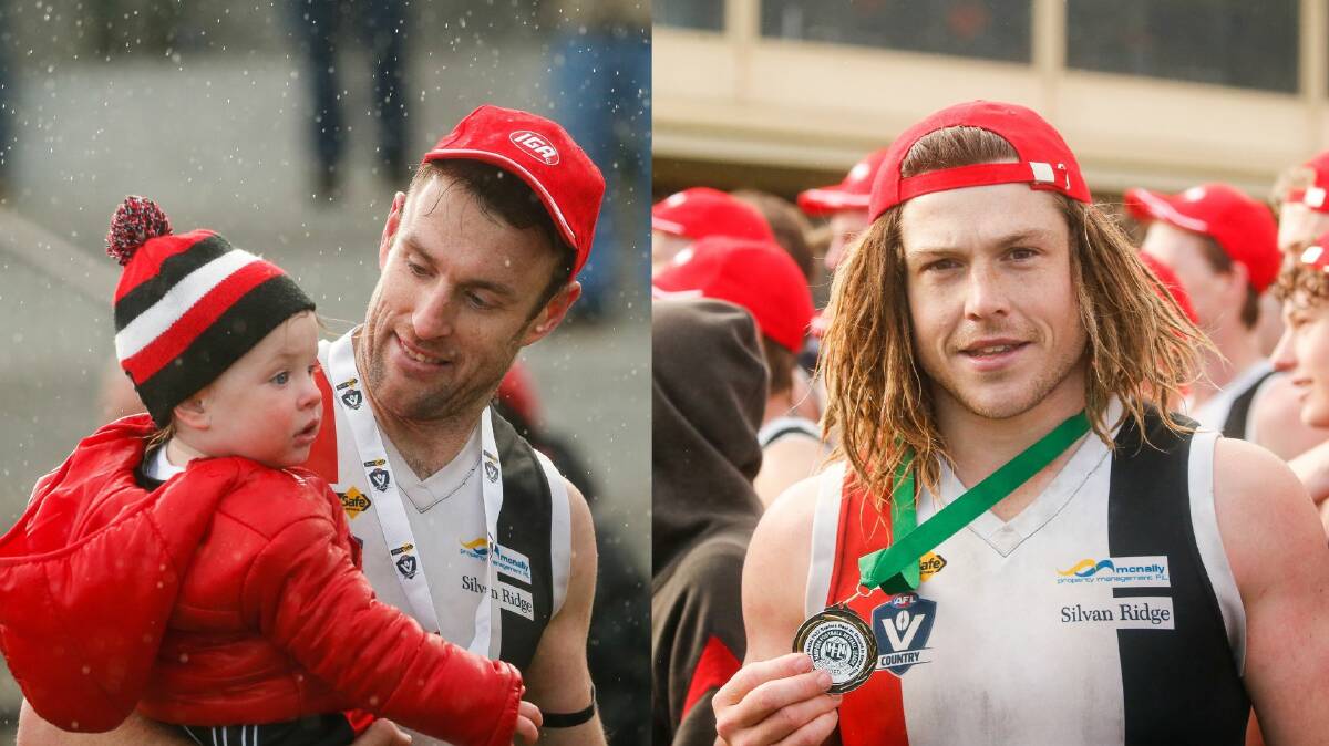Koroit's Sam Dobson, pictured top with son Freddie, and Dylan McCutcheon won best on ground medals for their efforts in the grand final. Pictures by Anthony Brady 