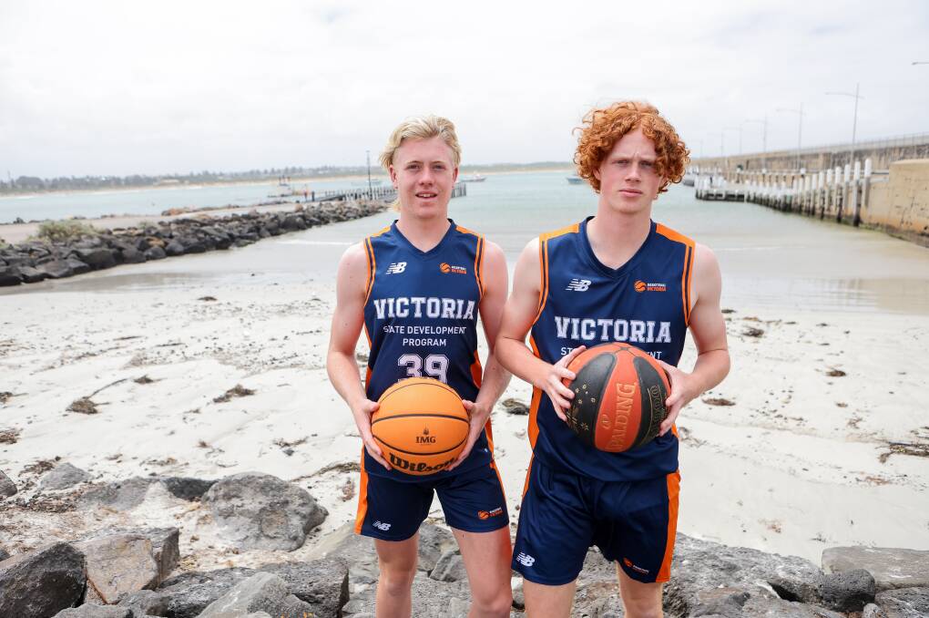 Warrnambool's Ollie Harris and Wil Rantall, pictured at the breakwater, will play at the Australian Country Junior Basketball Cup. Picture by Anthony Brady 