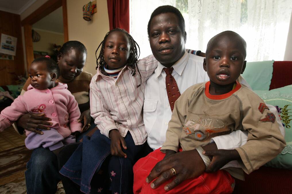 Regina Bol-Obony and Thomas Lual and their children Cigi, 11 months, Juina, 6, and Luamon, 2, at their Warrnambool home in 2007. File picture 