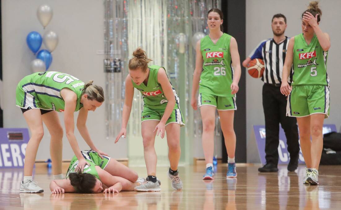 After it happened: Warrnambool Mermaids' Molly McKinnon injured during the 2018 grand final. 