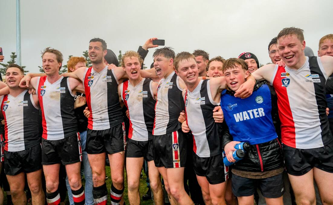 Koroit players celebrate the club's seventh straight premiership in September. The Saints will start their flag defence on April 1. Picture by Chris Doheny 