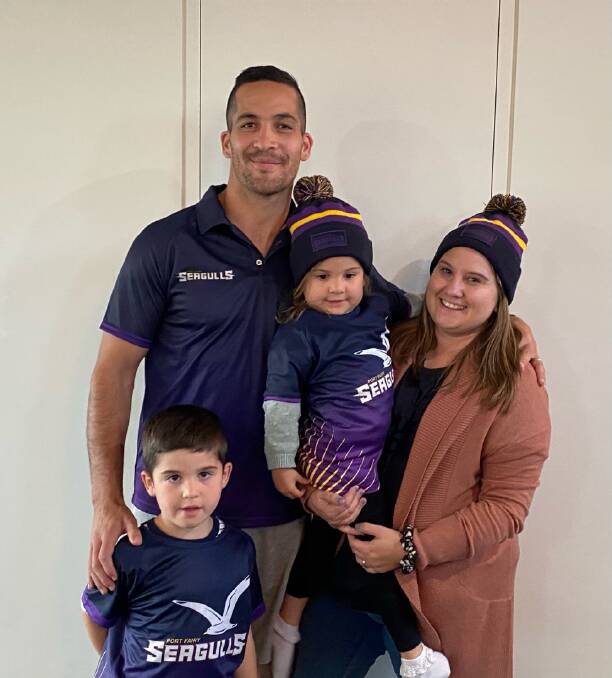 FAMILY FIRST: New Port Fairy recruit Shane Savage and his wife Sarah and children Jett and Willow.