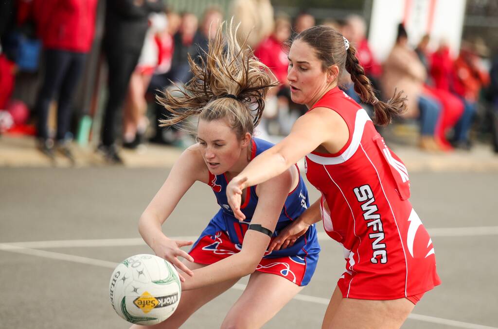 BATTLE: Terang Mortlake's Ava Grundy and South Warrnambool's Annie O'Brien vie for the ball on Saturday. Picture: Morgan Hancock 