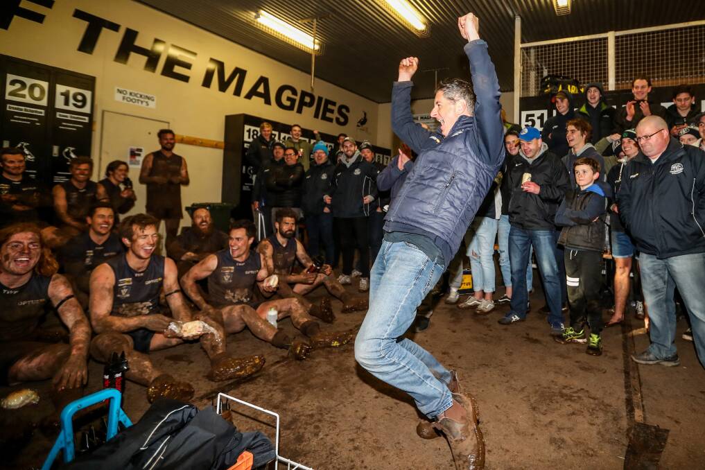 JUMPING FOR JOY: Matt O'Brien celebrated the Blues' extra time semi-final win in 2019 in style. Picture: Morgan Hancock