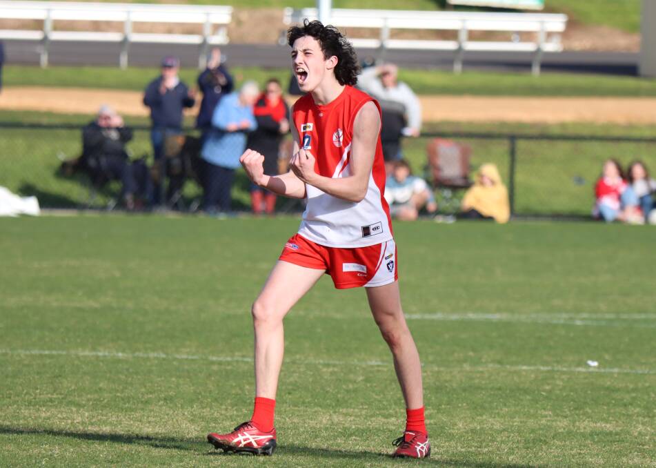 LET'S GO: Bailey Osborne celebrates one of his four goals for South Warrnambool in the under 16 grand final. Picture: Justine McCullagh-Beasy 