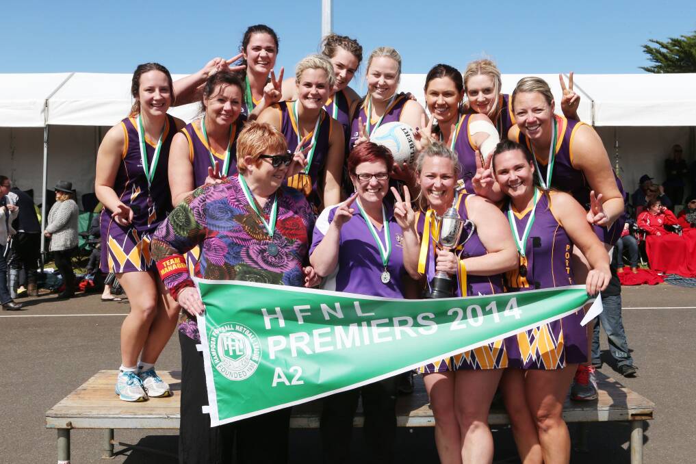New Port Fairy coach Allahna Edwards (front row second from left) with the Seagulls' A2 2014 premiership team. 