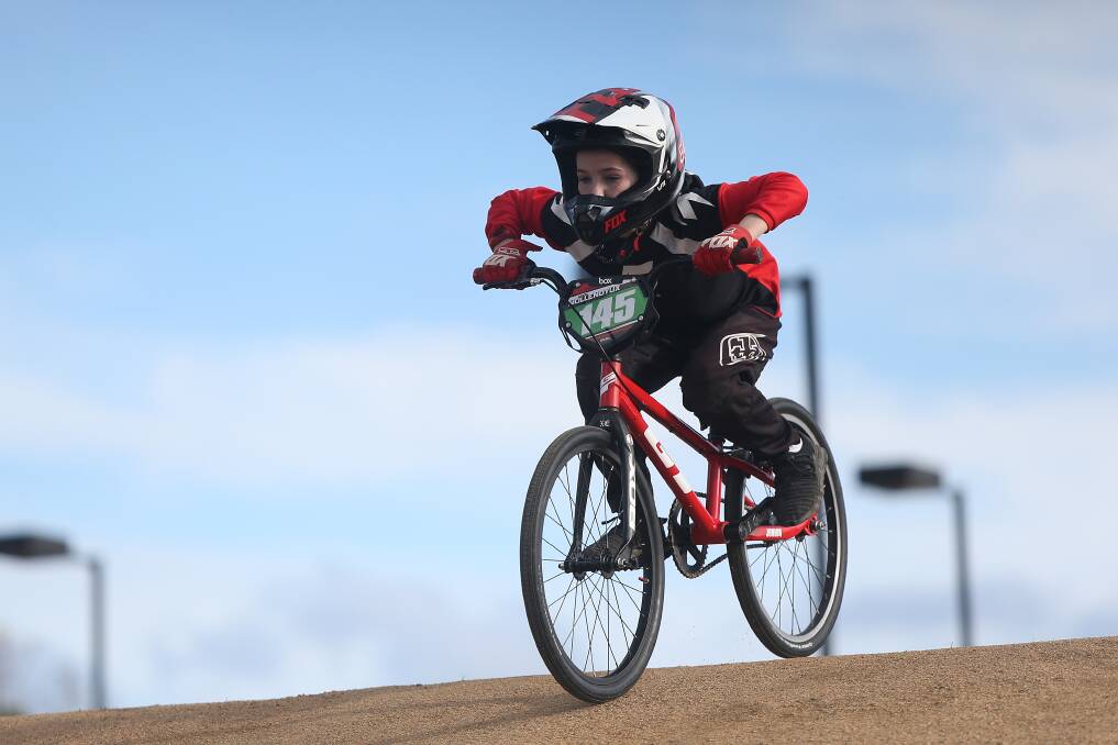 FLYING: Warrnambool's Jacob Mollenoyux goes over one of the mounds at the BMX track. at Jetty Flat. The course will host a state series round in March 2021. Picture: Mark Witte