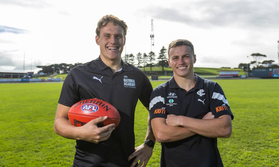 George Stevens, 18, and Archie Stevens, 19, will become opponents at Marvel Stadium on Saturday. They are pictured at their home club, South Warrnambool, on Monday. Picture by Eddie Guerrero 