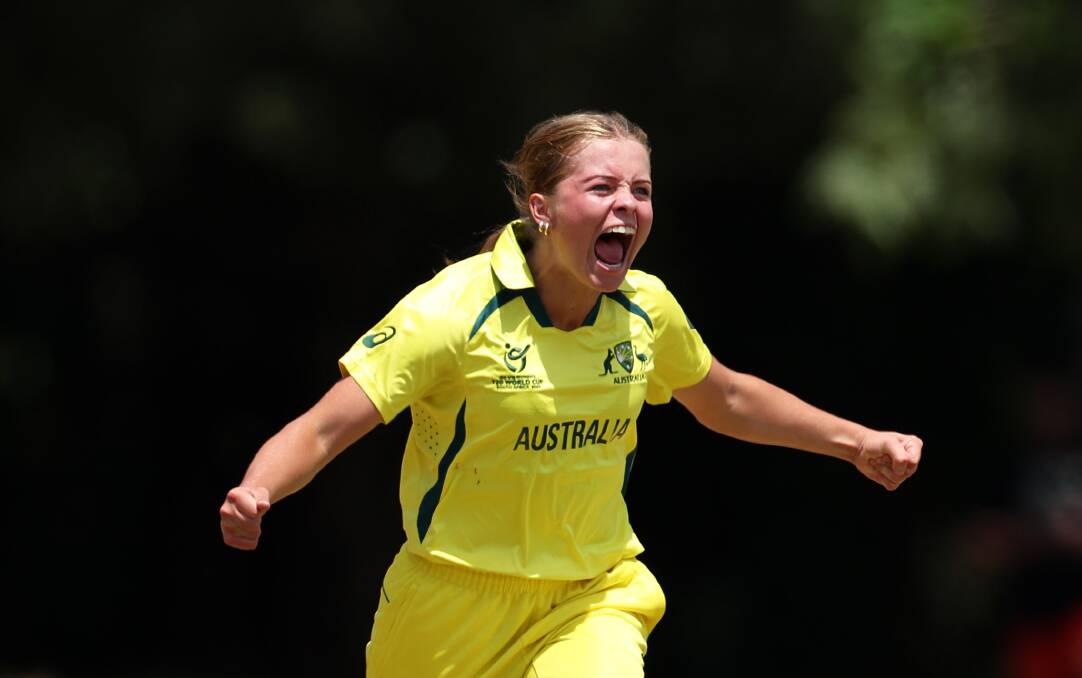 Port Campbell-raised teenager Milly Illingworth celebrates a wicket for Australia. Picture by Getty Images 